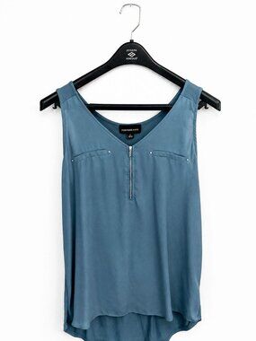 Fortune + Ivy Women's Teal Sleeveless Blouse L Zip Front High Low Tank Top